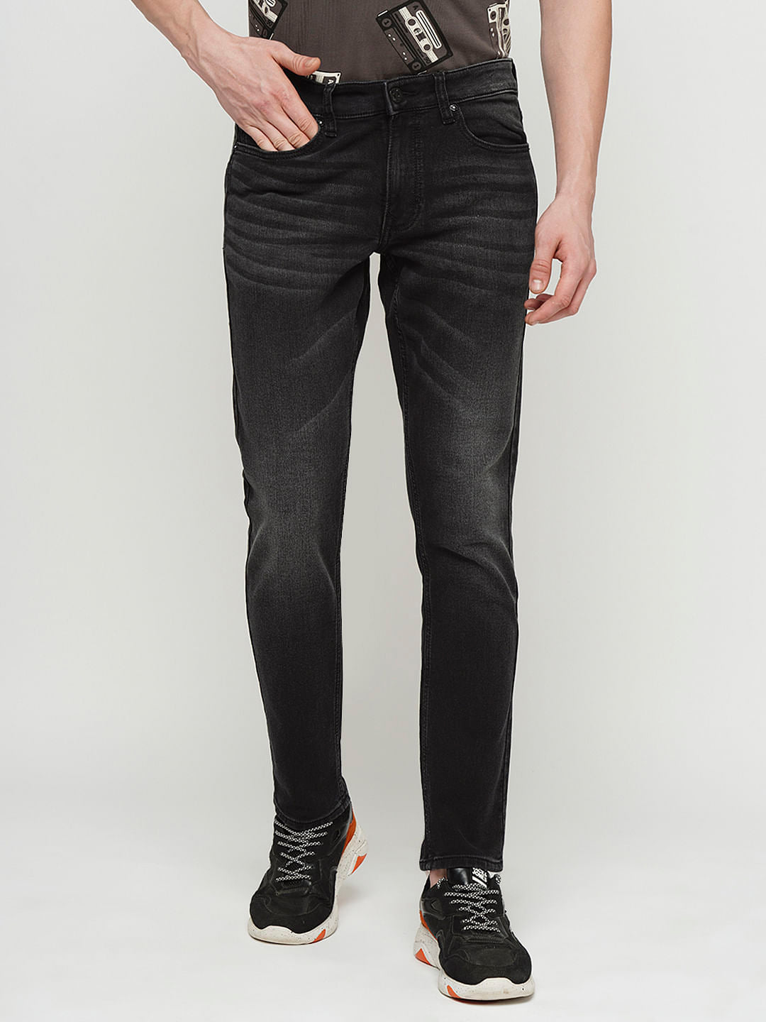 PRODUKT by JACK&JONES Dark Grey Mid Rise Washed Slim Fit Jeans