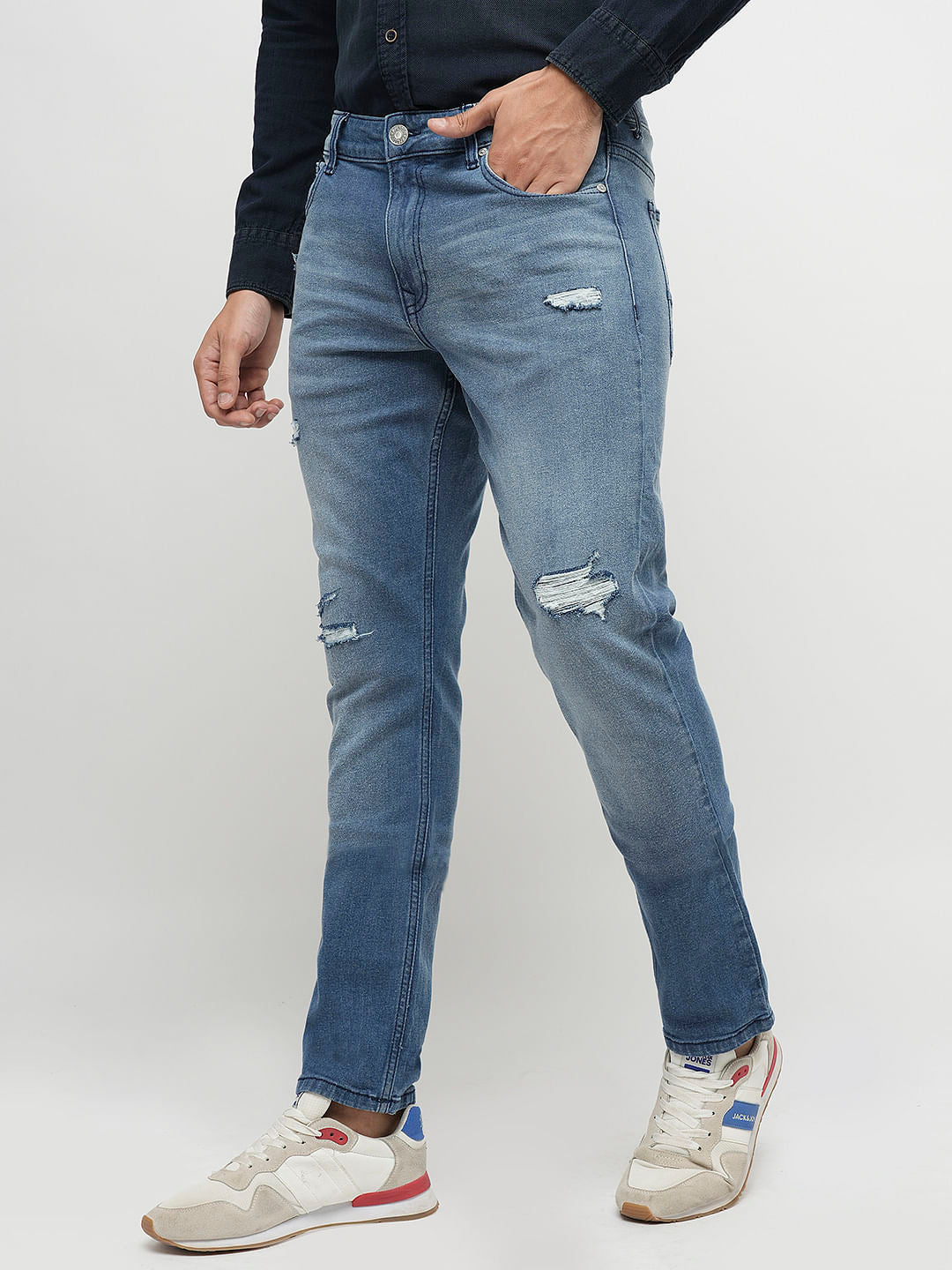 PRODUKT by JACK&JONES Blue Mid Rise Distressed Slim Fit Jeans