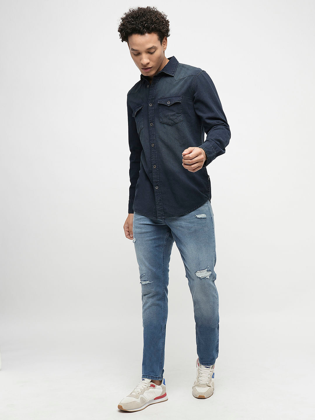 PRODUKT by JACK&JONES Blue Mid Rise Distressed Slim Fit Jeans