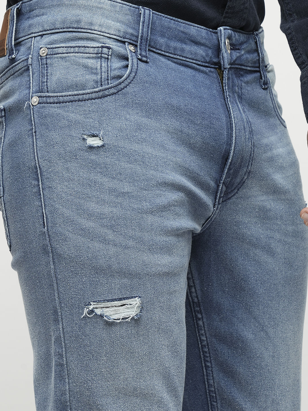 PRODUKT by JACK&JONES Blue Mid Rise Distressed Slim Fit Jeans
