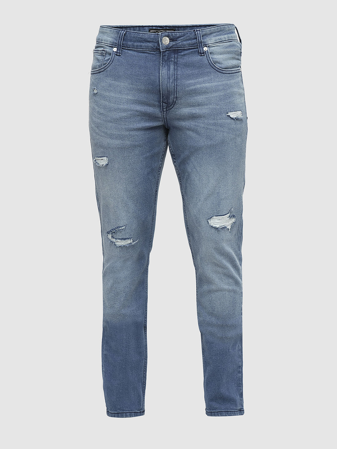 PRODUKT by JACK&JONES Blue Mid Rise Distressed Slim Fit Jeans