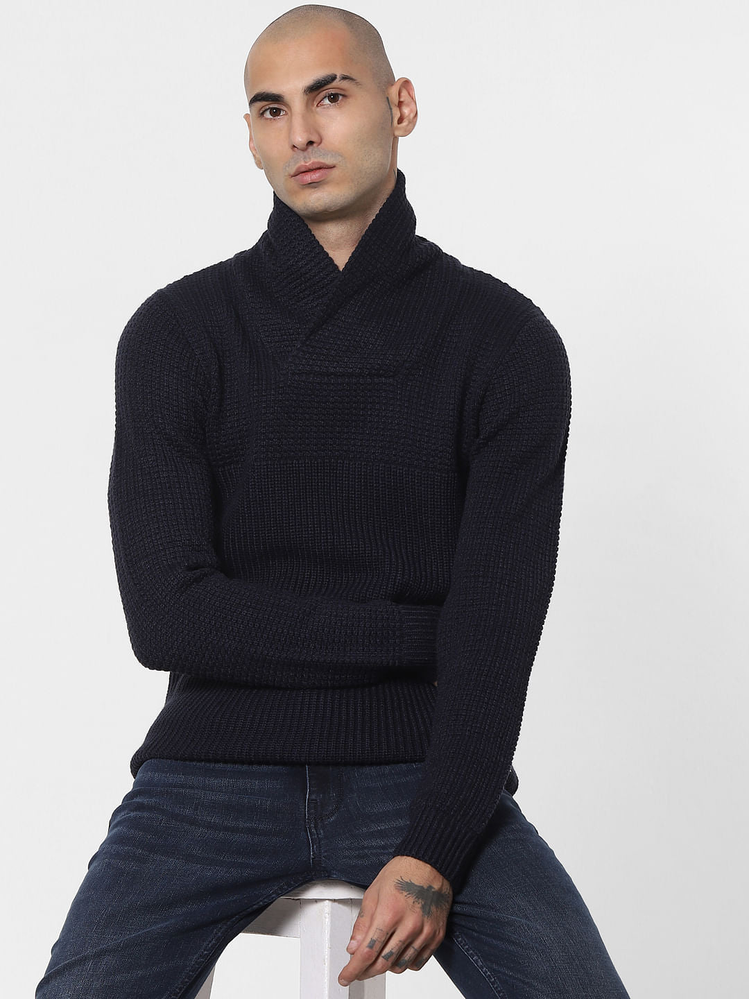 Navy Blue Shawl Neck Sweater