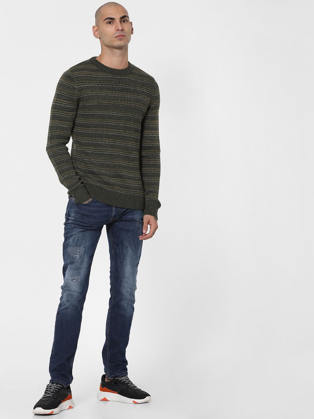 Green Textured Striped Pullover - S
