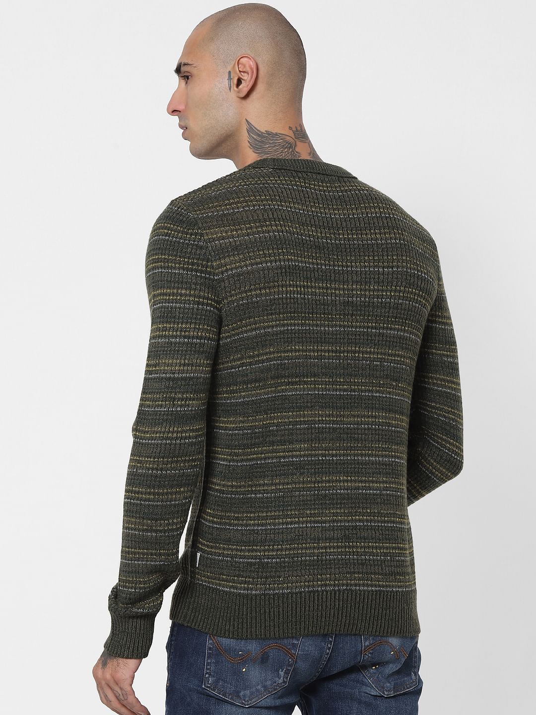Green Textured Striped Pullover