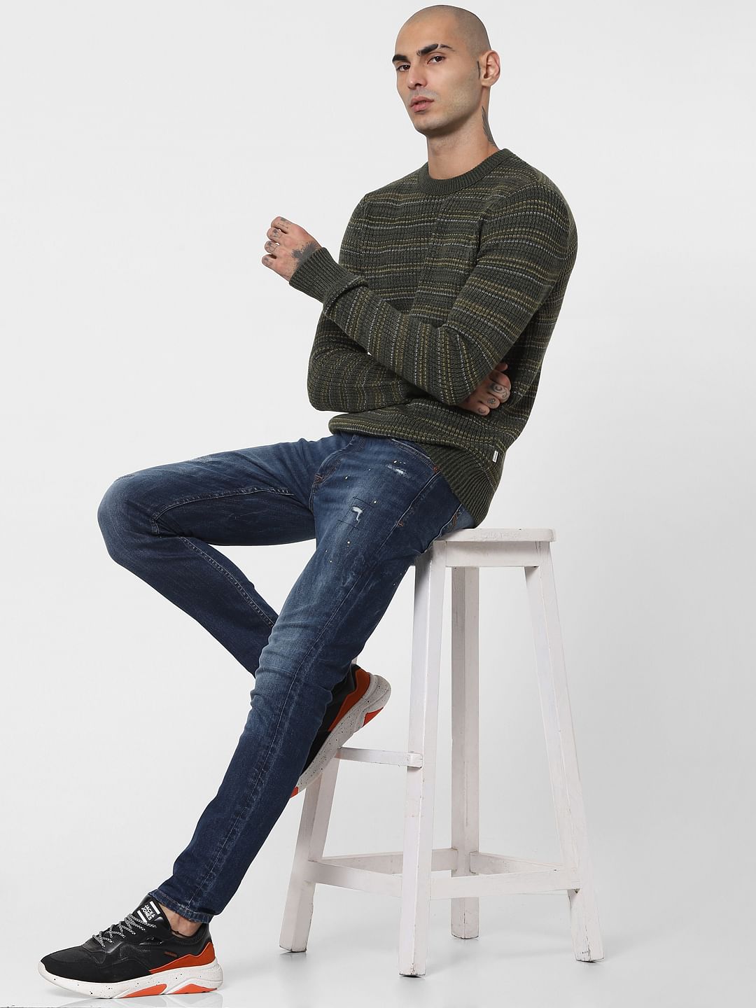 Green Textured Striped Pullover