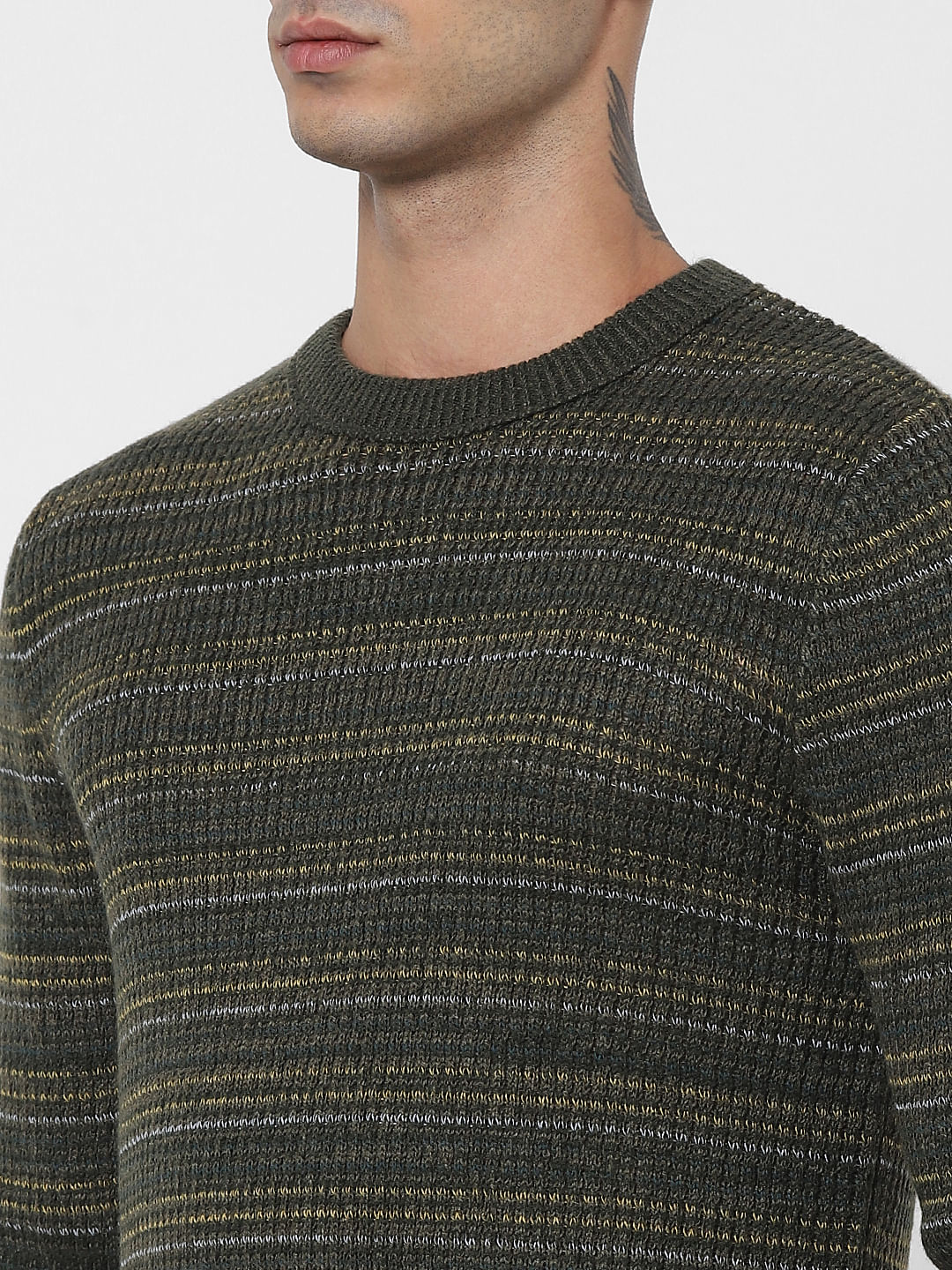 Green Textured Striped Pullover