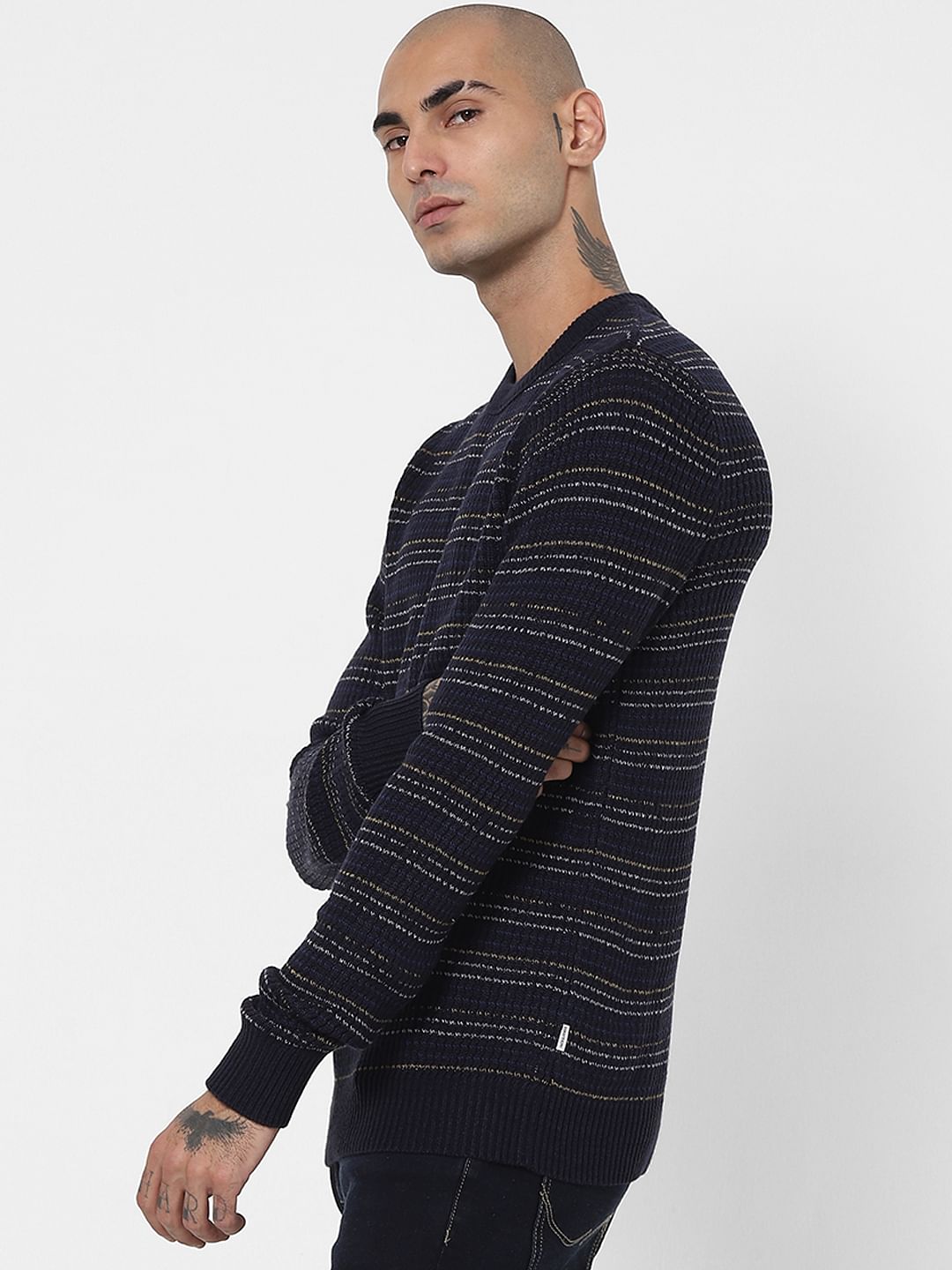Blue Textured Striped Pullover