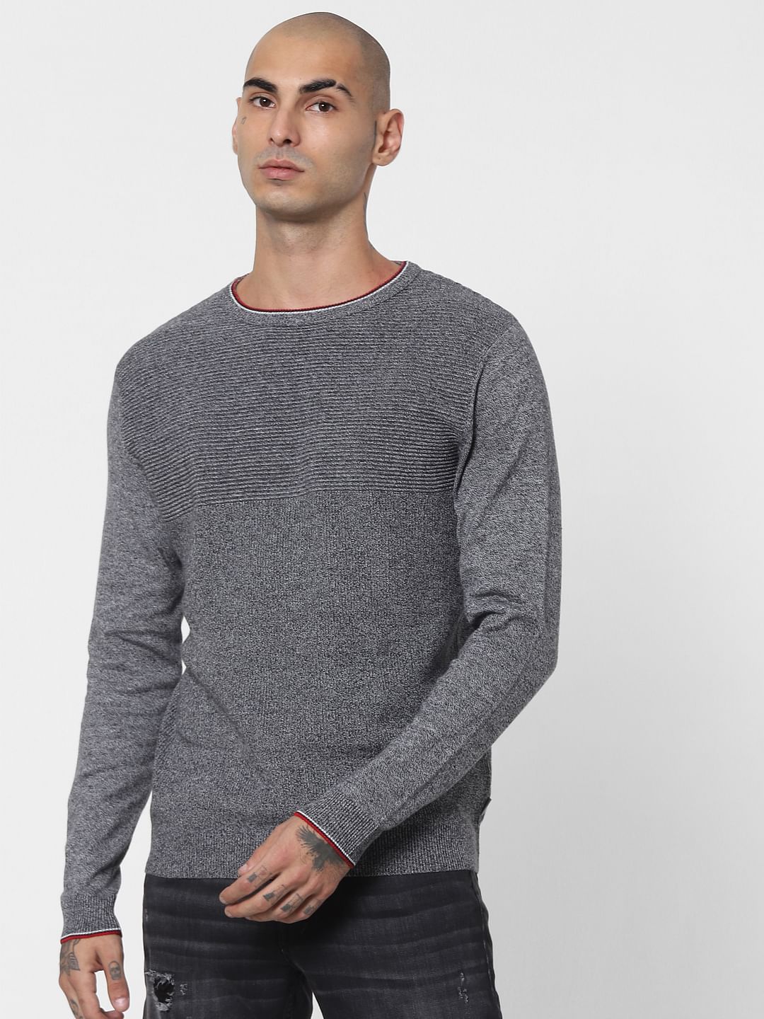 Grey Textured Striped Pullover