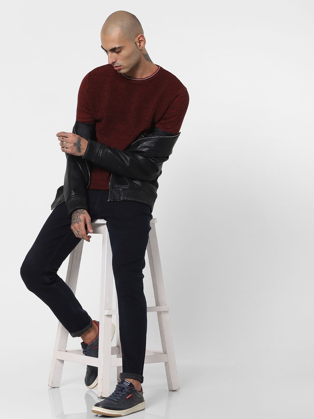 Maroon Textured Striped Pullover - S