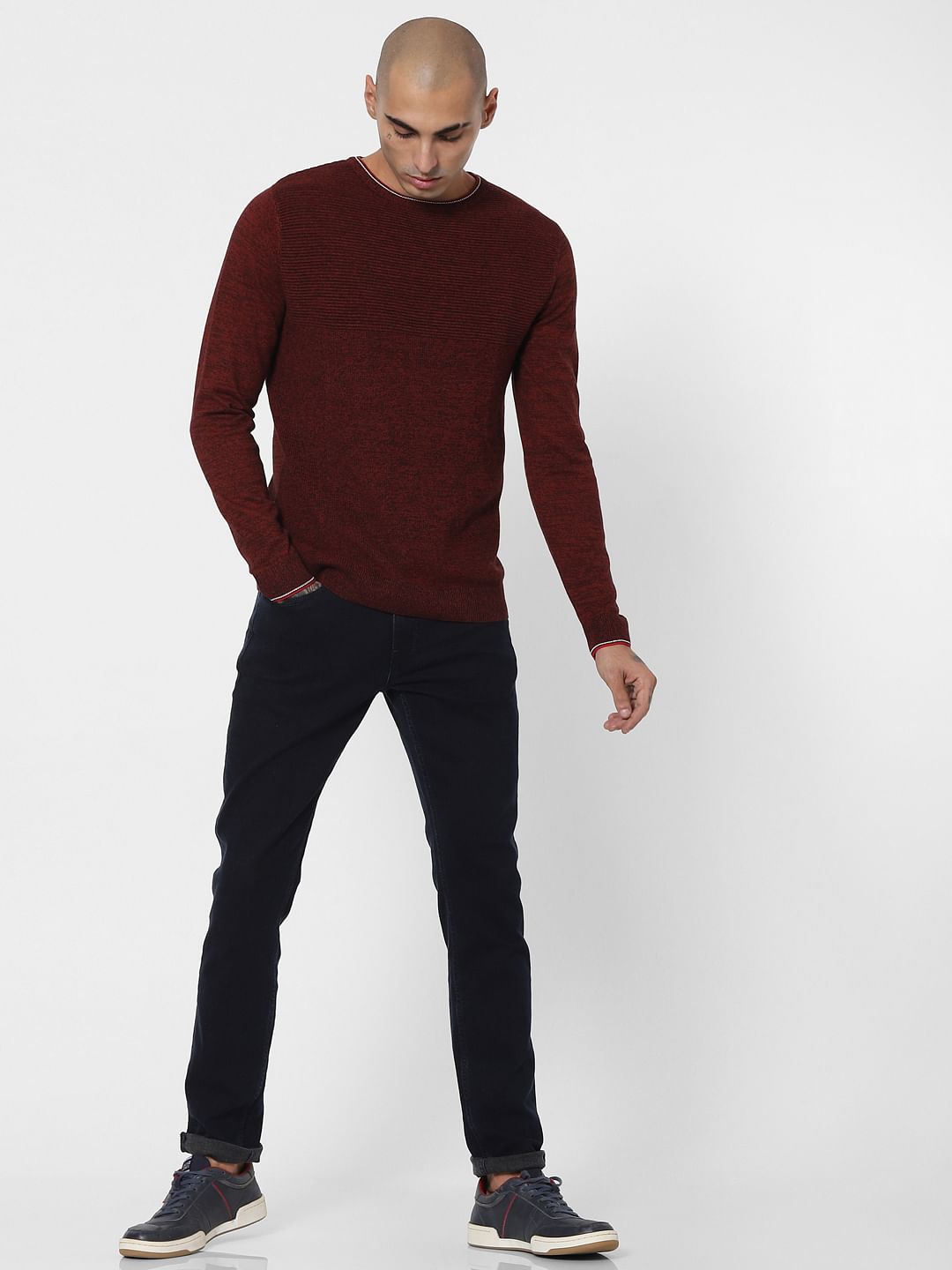 Maroon Textured Striped Pullover