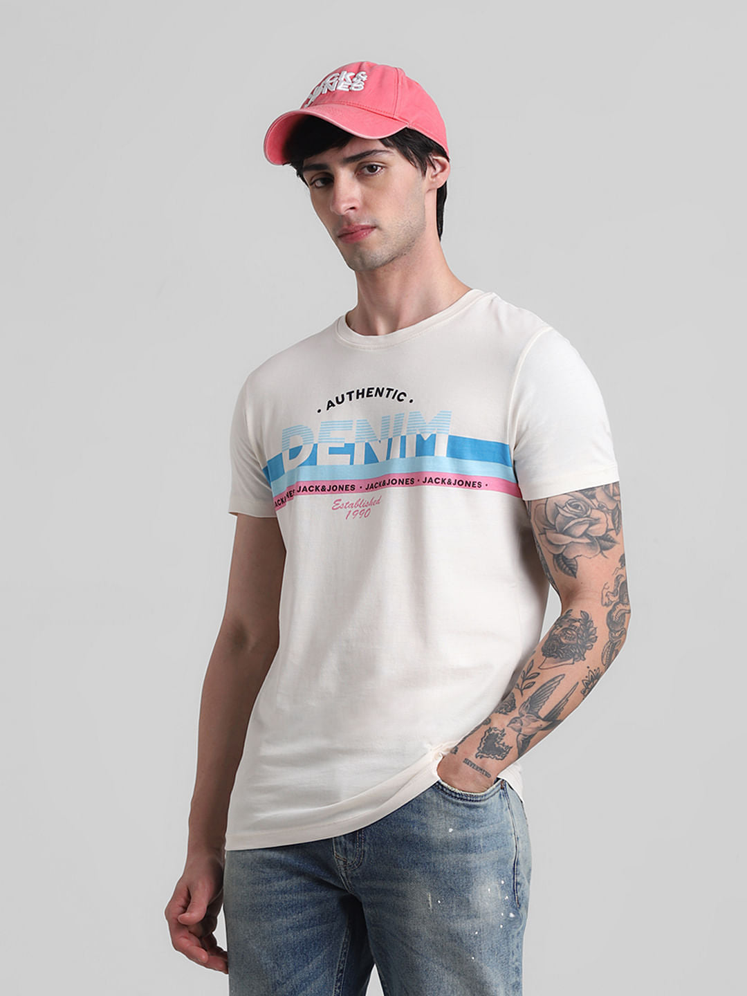 White Text Print Crew Neck T-shirt - S