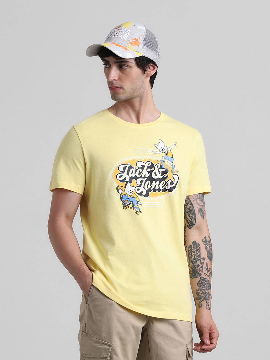 Yellow Logo Print Crew Neck T-shirt - S