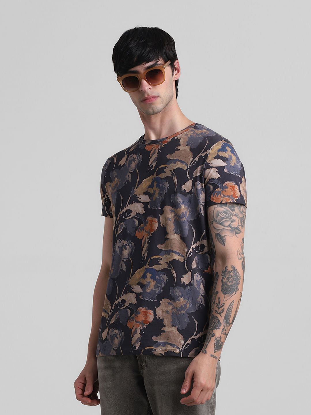 Blue Printed Crew Neck T-shirt - S