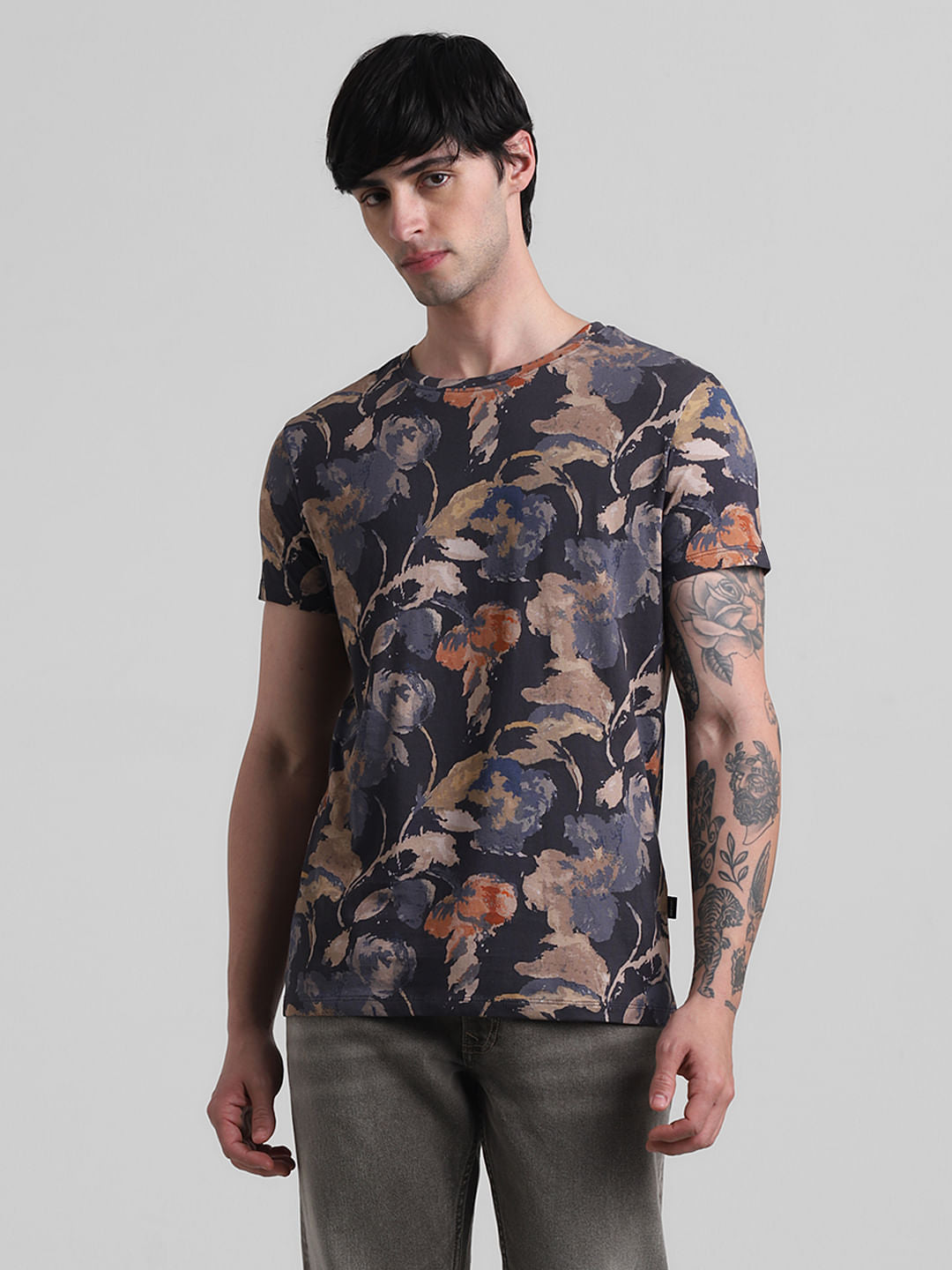 Blue Printed Crew Neck T-shirt