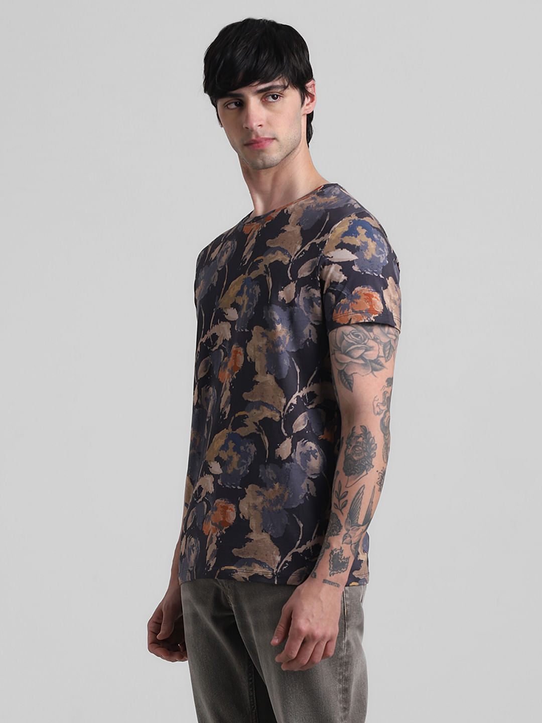 Blue Printed Crew Neck T-shirt