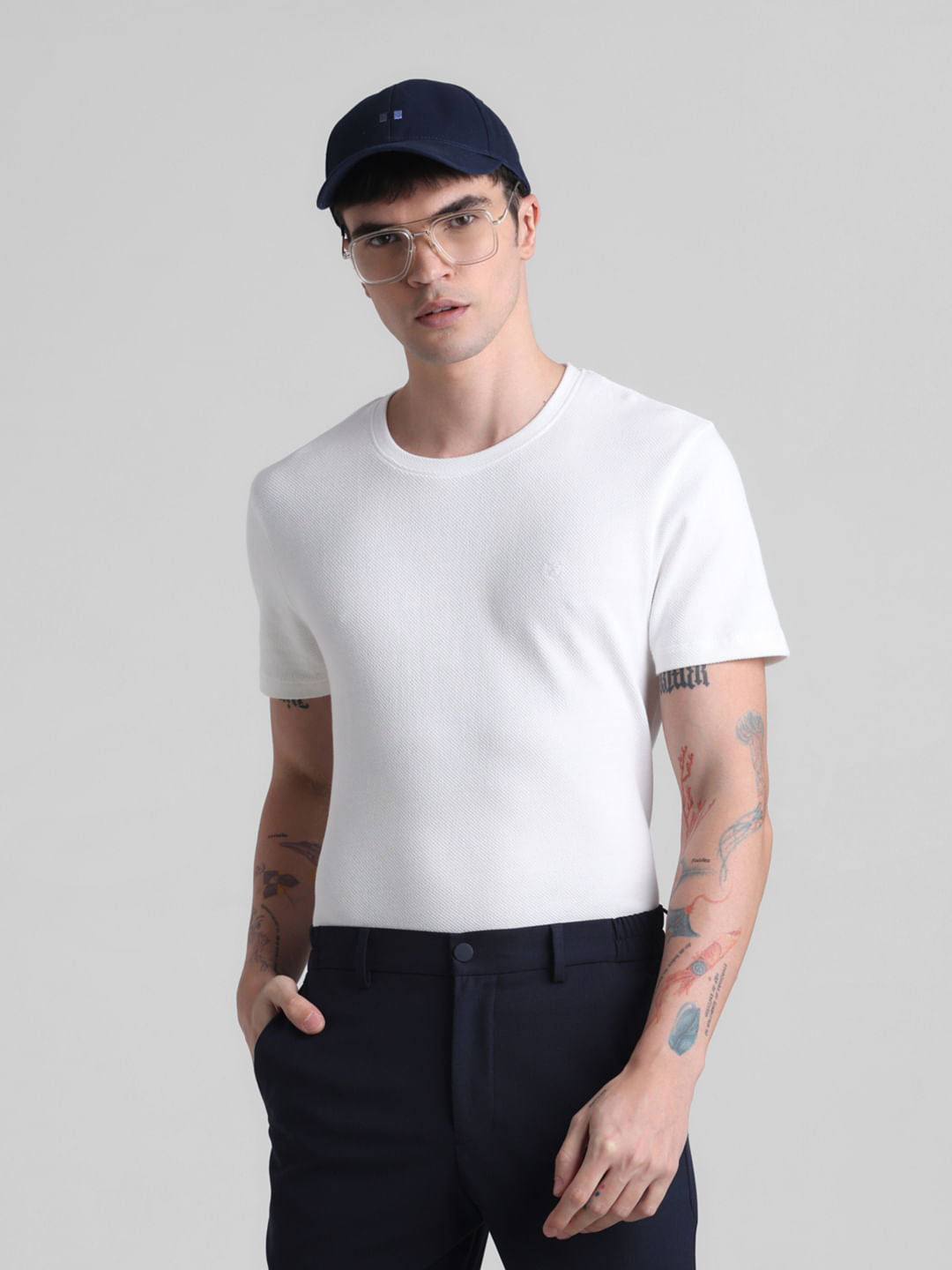 White Jacquard Crew Neck T-shirt - S