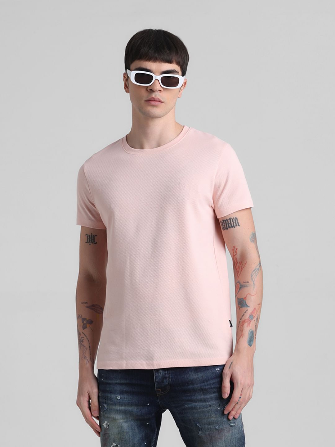Pink Jacquard Crew Neck T-shirt - S