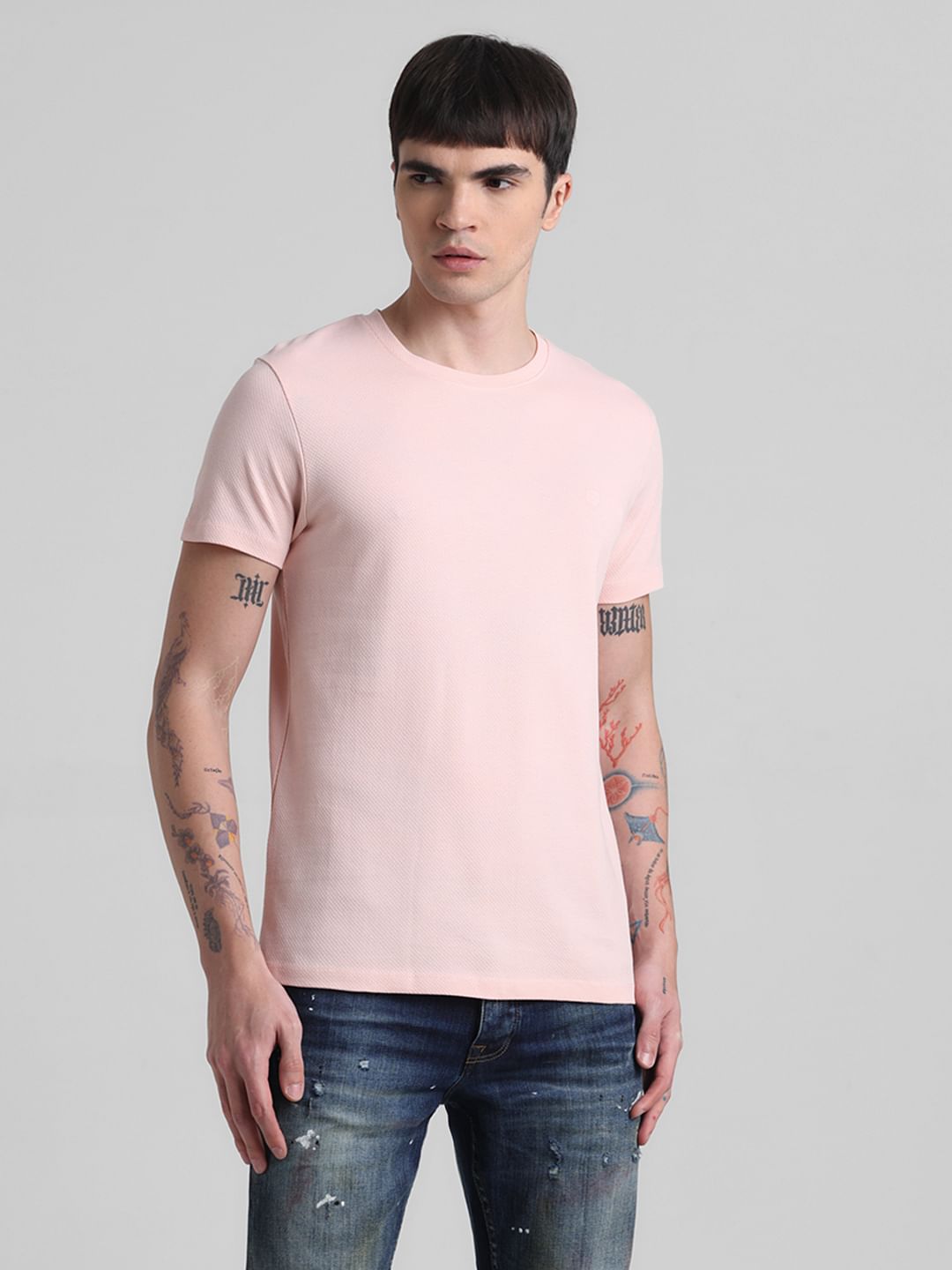 Pink Jacquard Crew Neck T-shirt