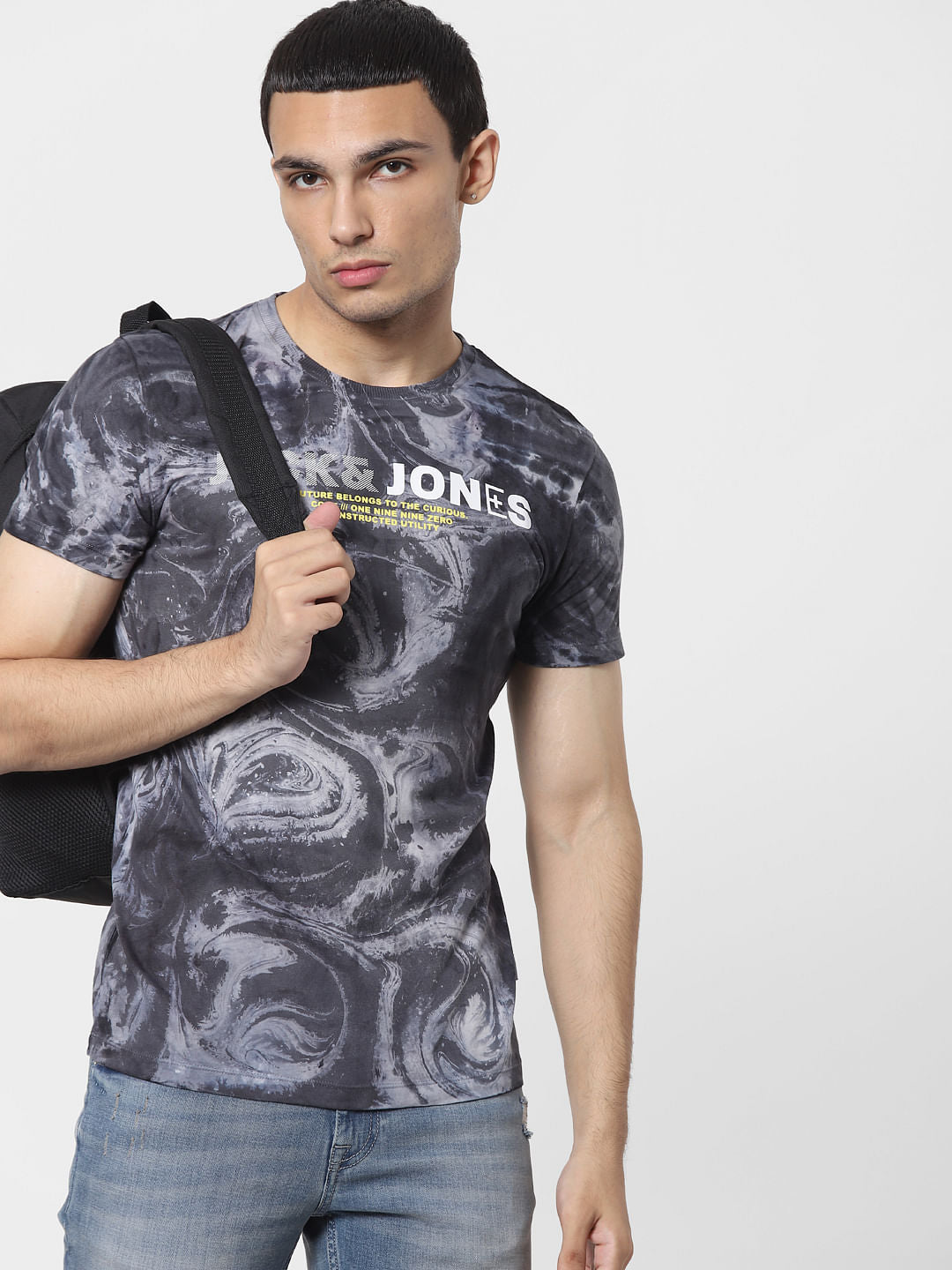 Grey Abstract Print Crew Neck T-shirt - S