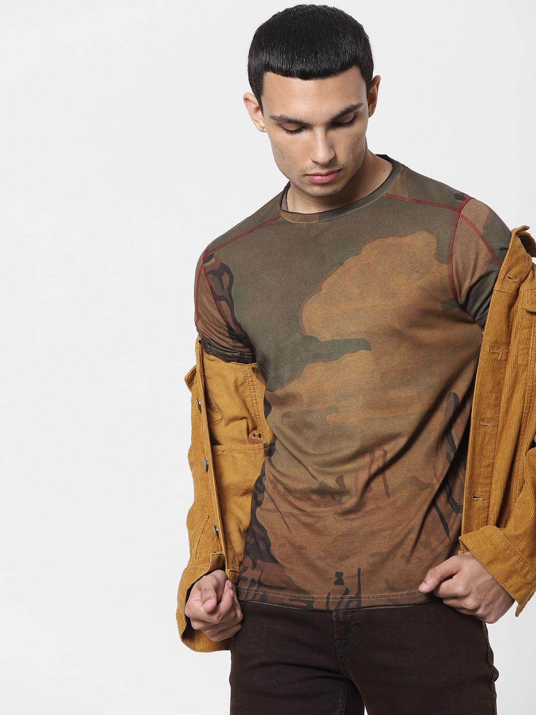 Brown Landscape Print Crew Neck T-shirt - S