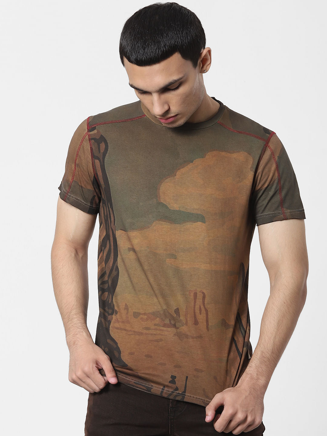 Brown Landscape Print Crew Neck T-shirt