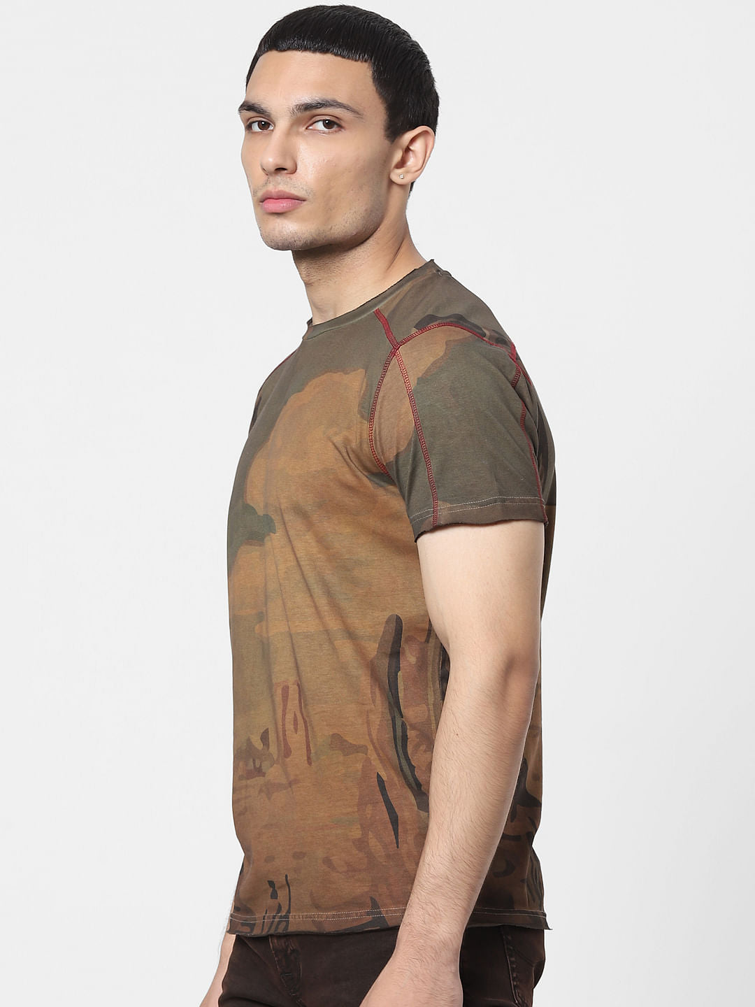 Brown Landscape Print Crew Neck T-shirt