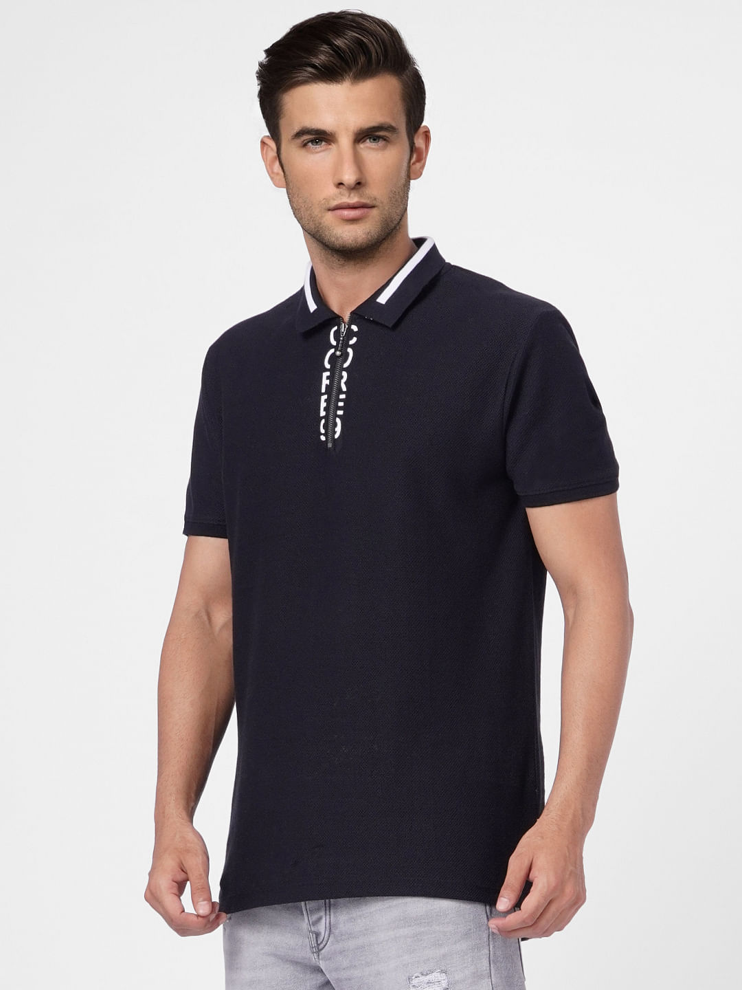 Black Textured Polo Neck T-shirt