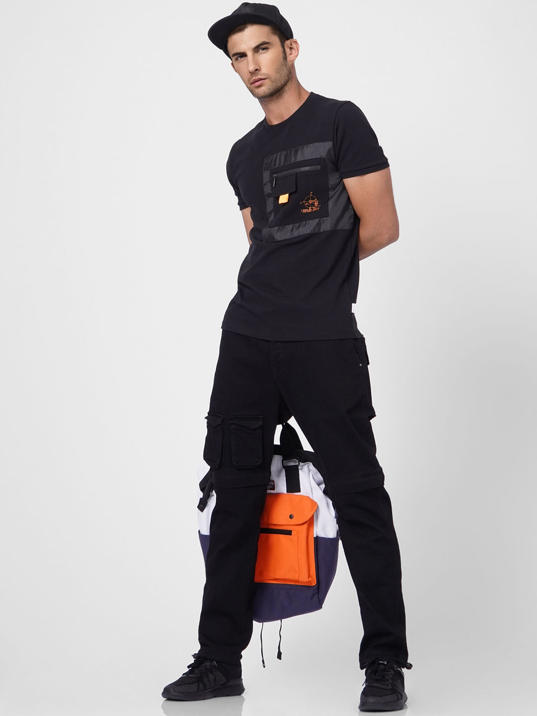 Black Patchwork Pocket Crew Neck T-shirt