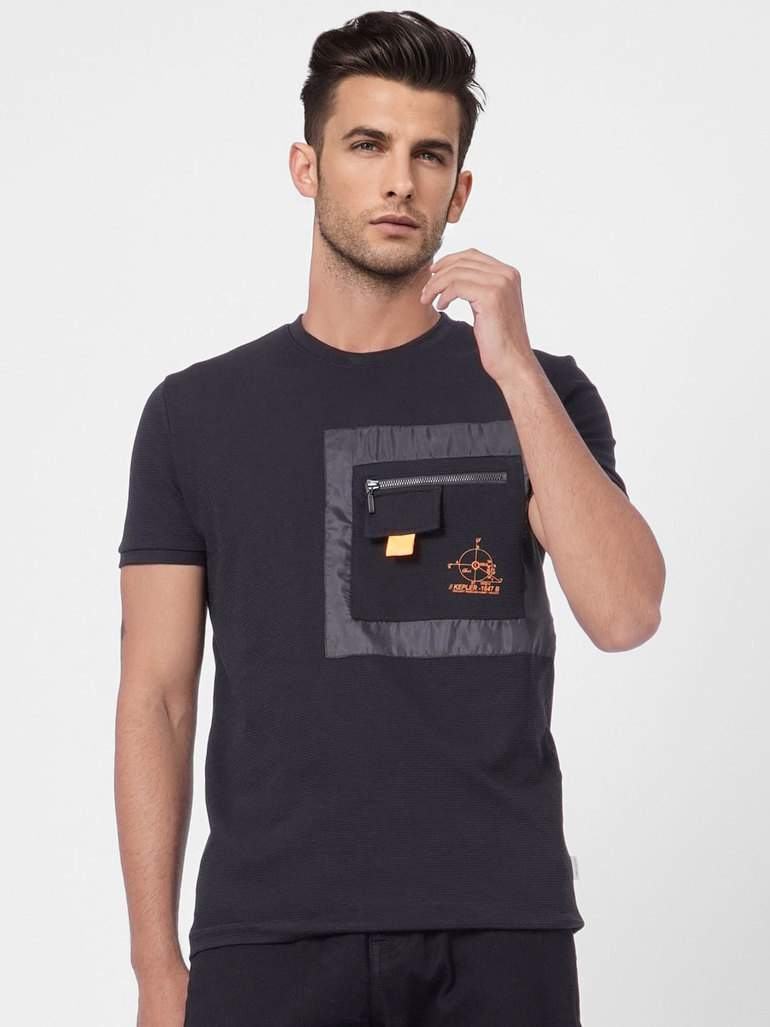 Black Patchwork Pocket Crew Neck T-shirt