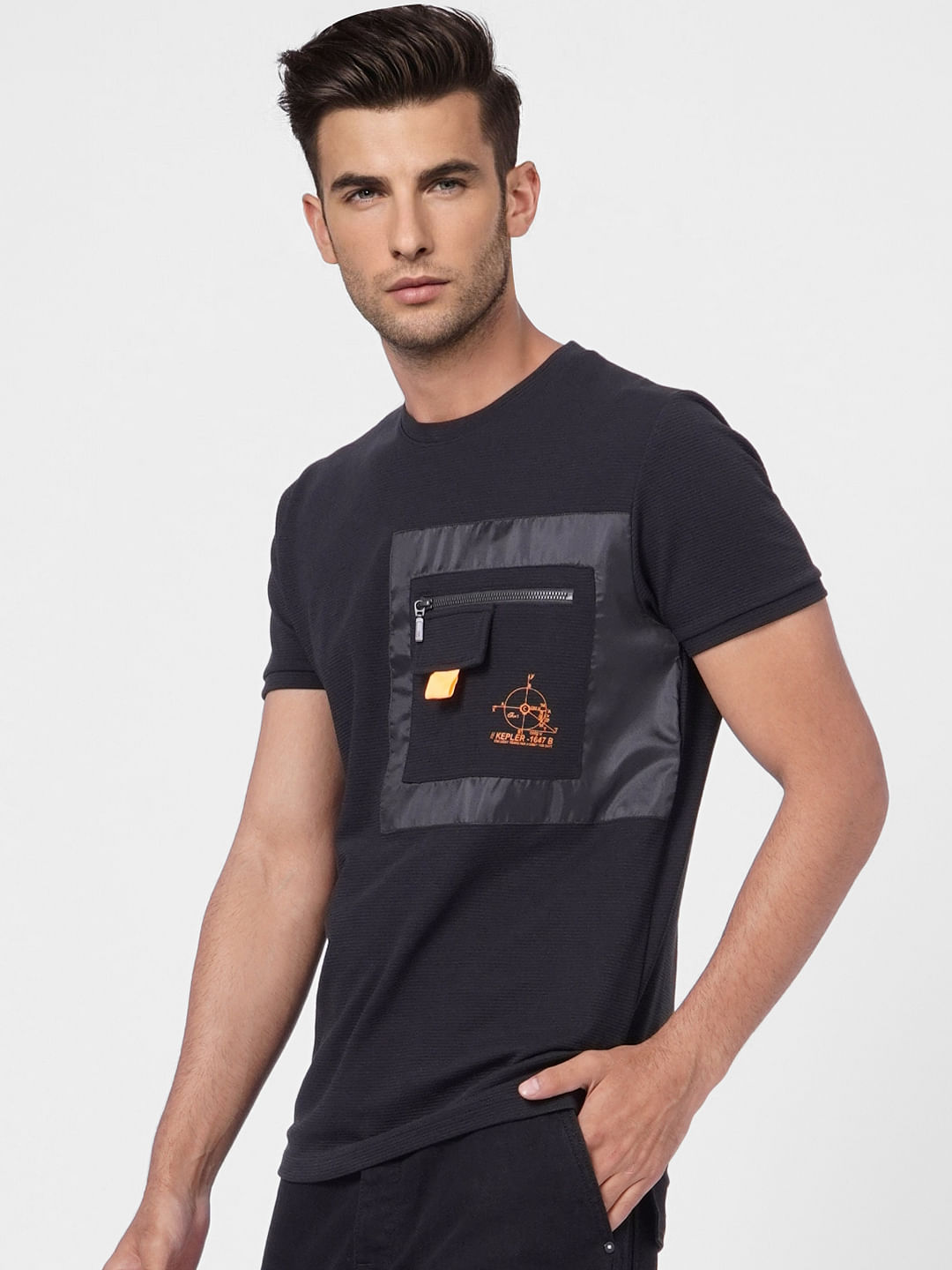 Black Patchwork Pocket Crew Neck T-shirt