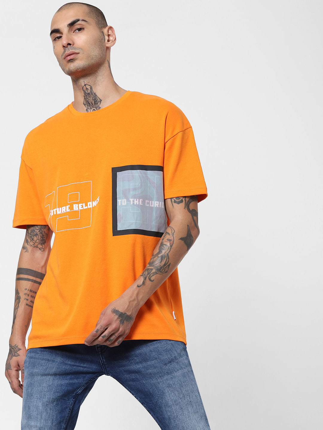 Orange Text Print Crew Neck T-shirt - S