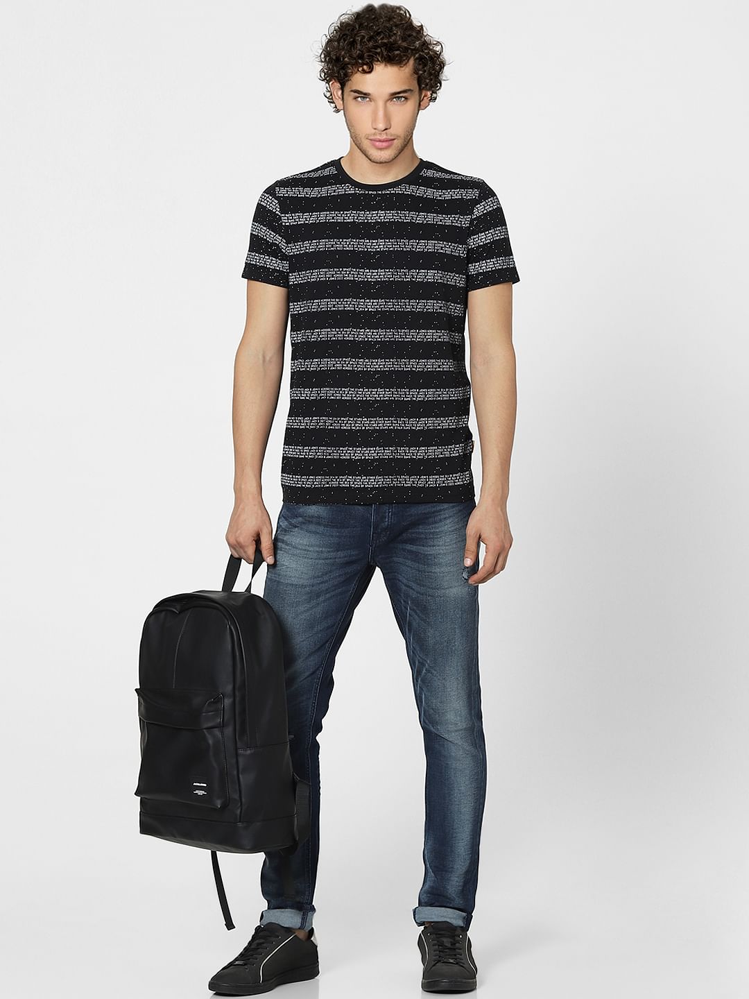 Black Text Stripes Crew Neck T-shirt - S