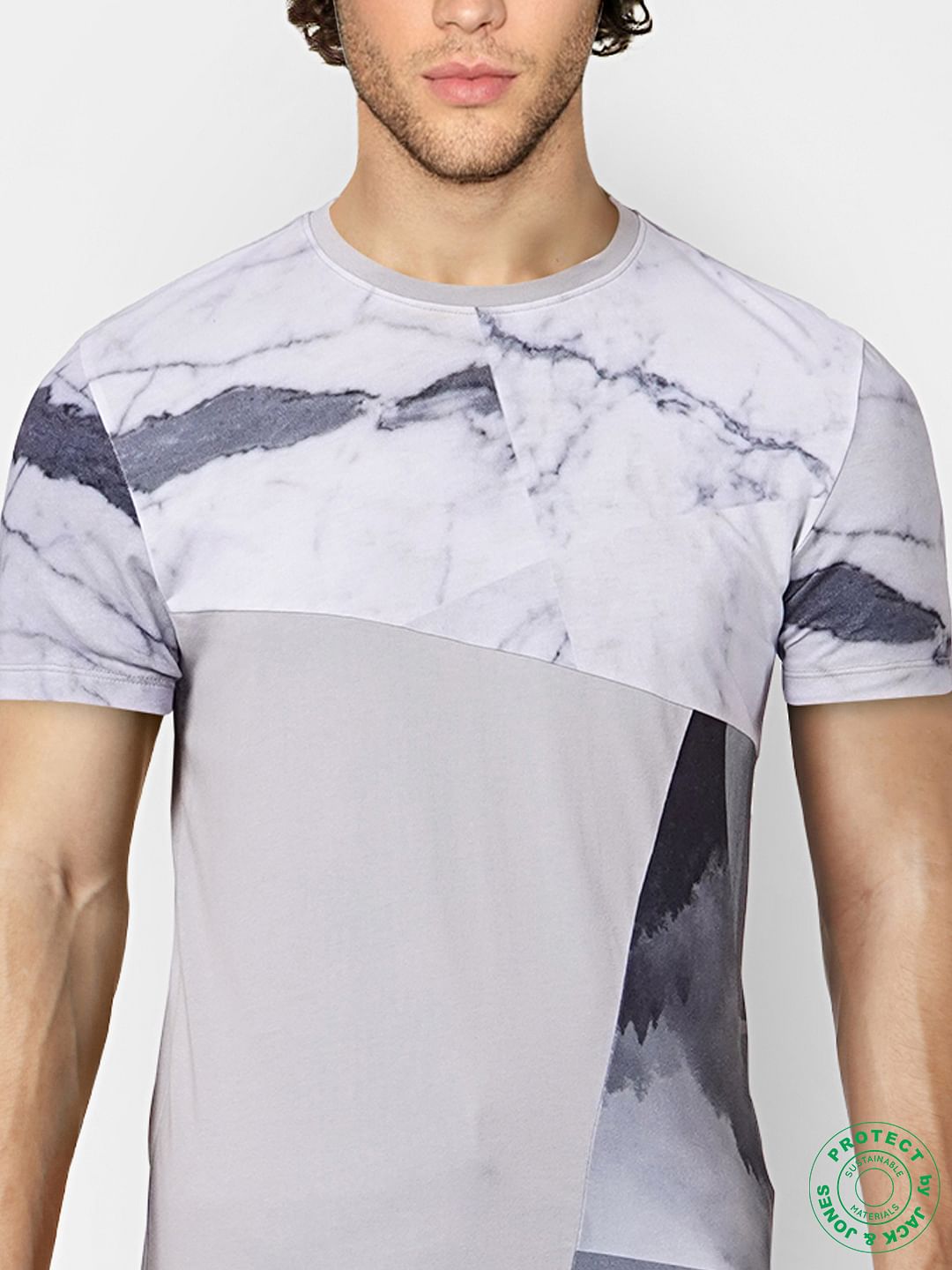Grey Marble Print Crew Neck T-shirt