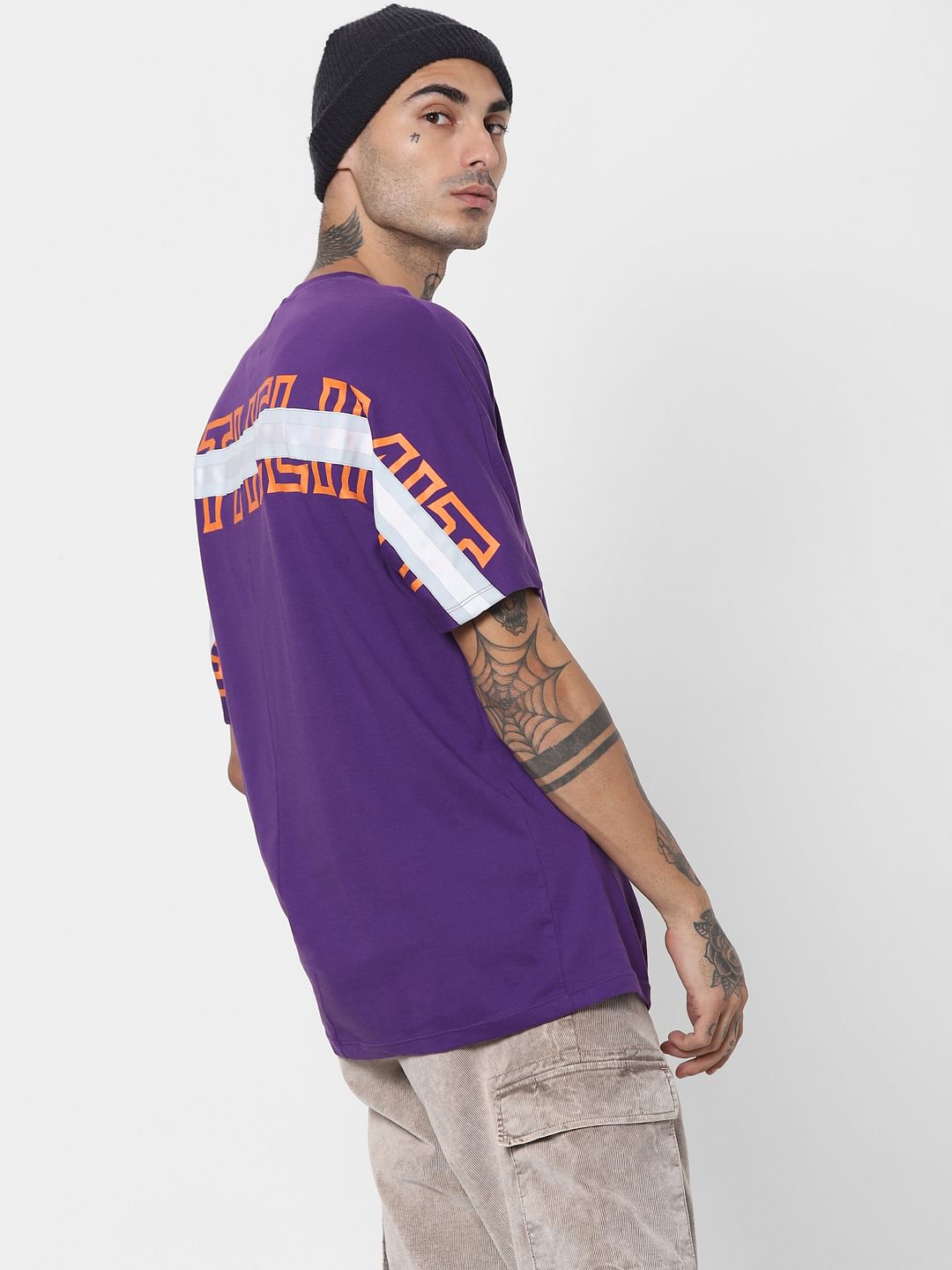 Purple Tape Detail Crew Neck T-shirt - S