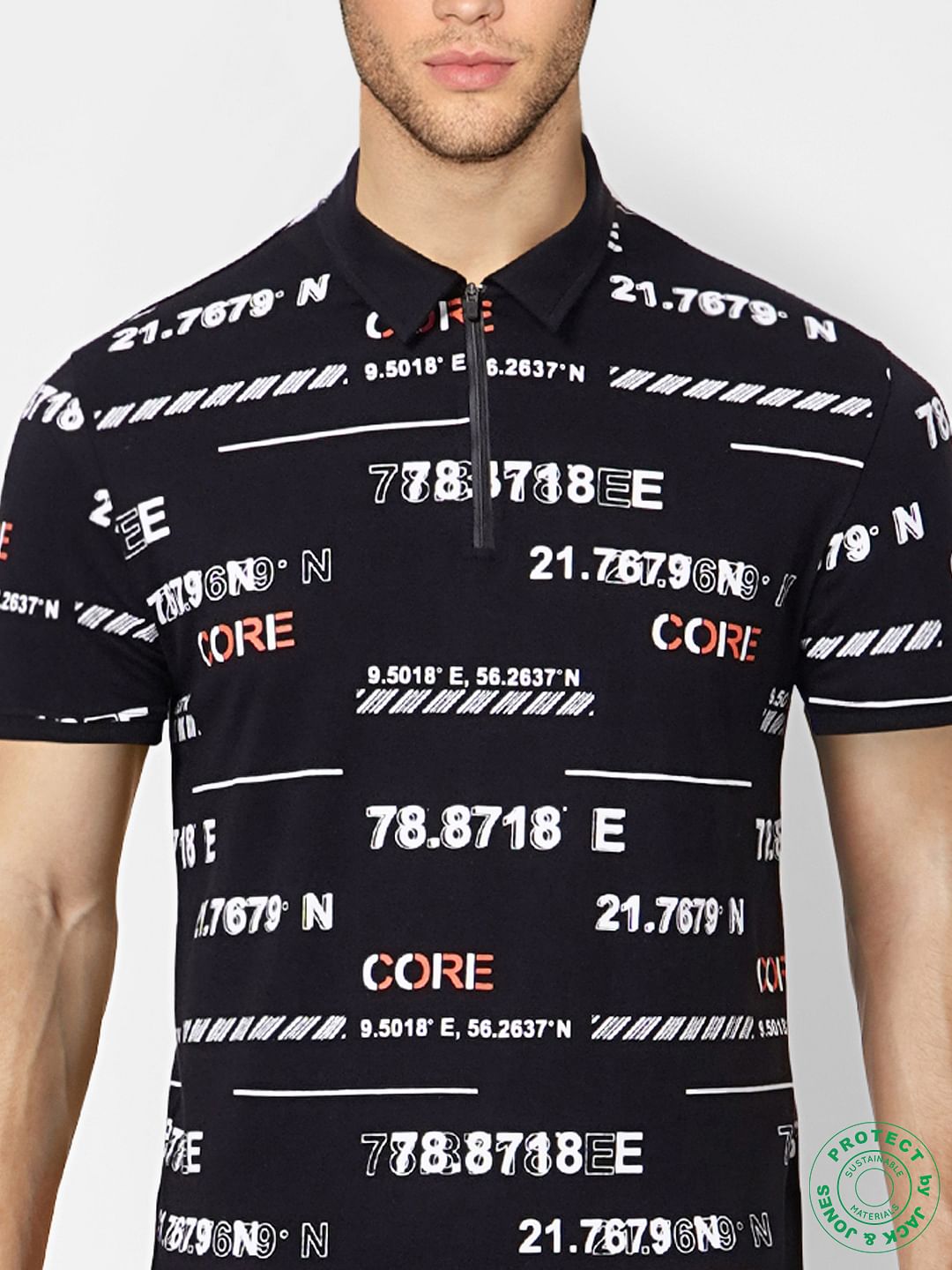 Black Graphic Print Polo Neck T-shirt