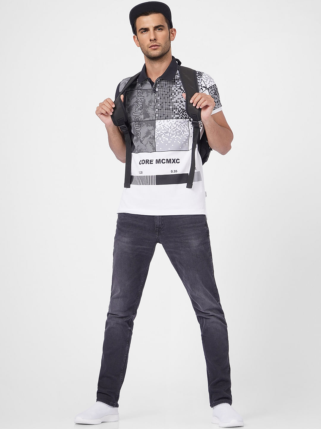 White Pixel Print Polo T-shirt