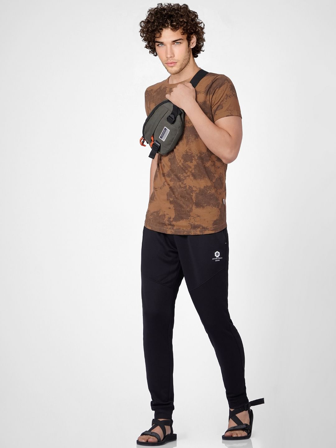 Brown Abstract Print Crew Neck T-shirt - S