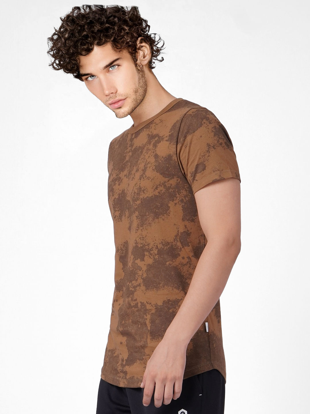 Brown Abstract Print Crew Neck T-shirt