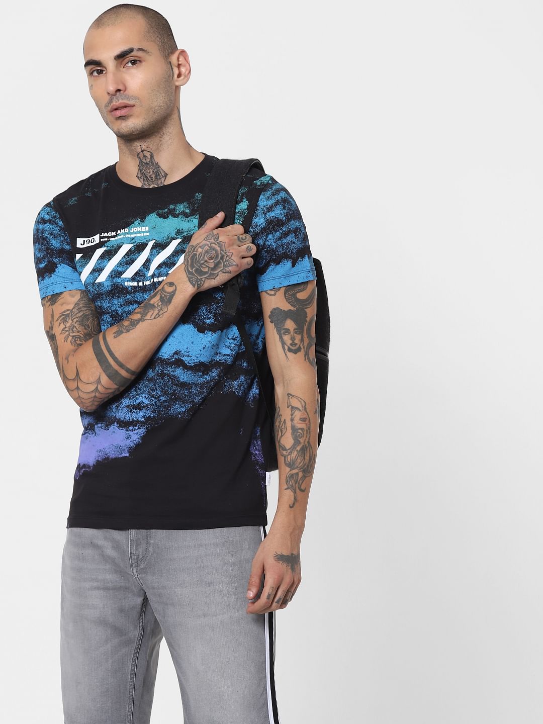 Black Galaxy Print Crew Neck T-shirt - S