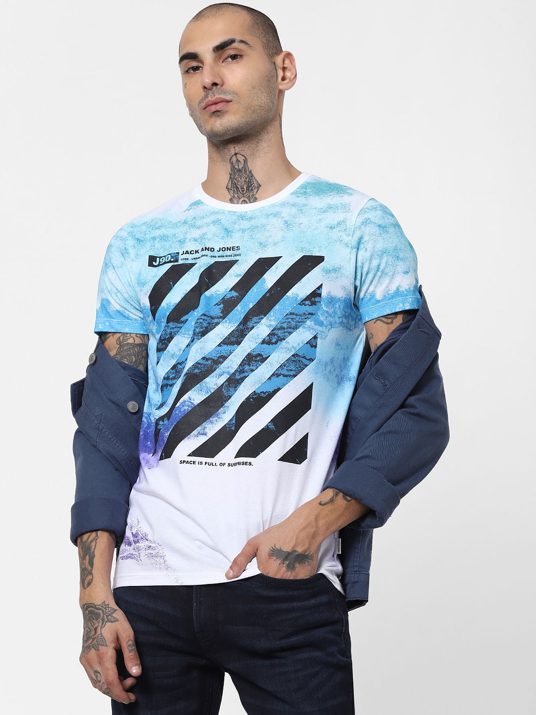 White Galaxy Print Crew Neck T-shirt - S