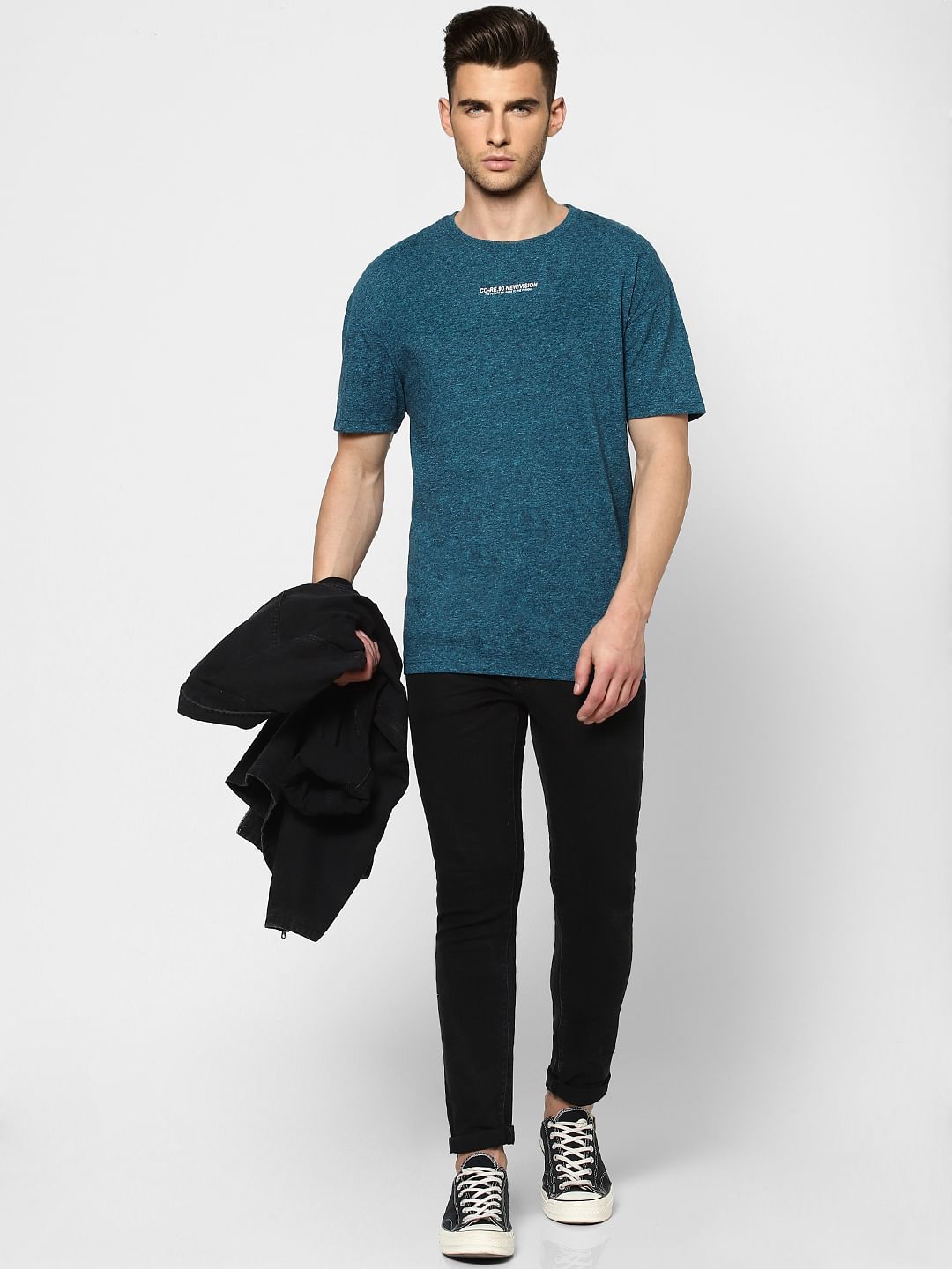 Blue Grain Effect Crew Neck T-shirt - S