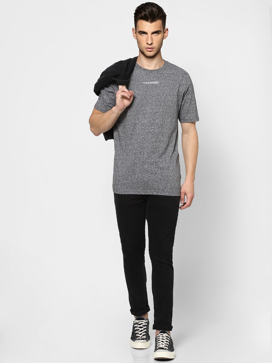 Grey Grain Effect Crew Neck T-shirt - S