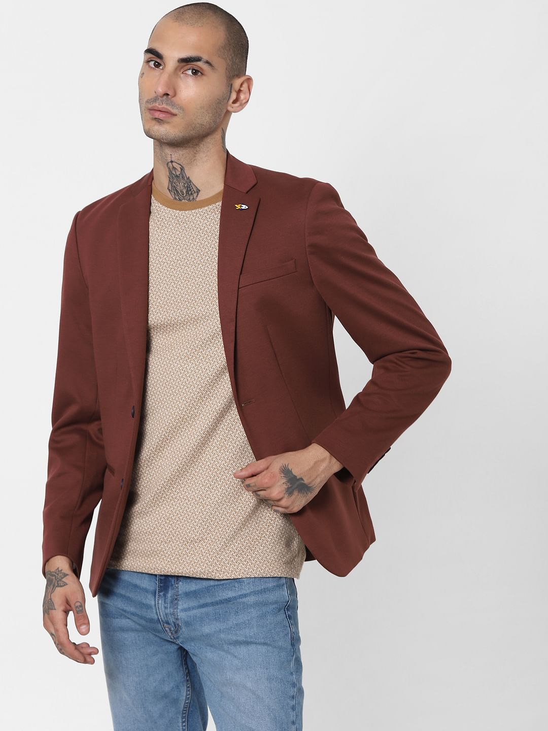 Brown Jacquard Crew Neck T-shirt - S
