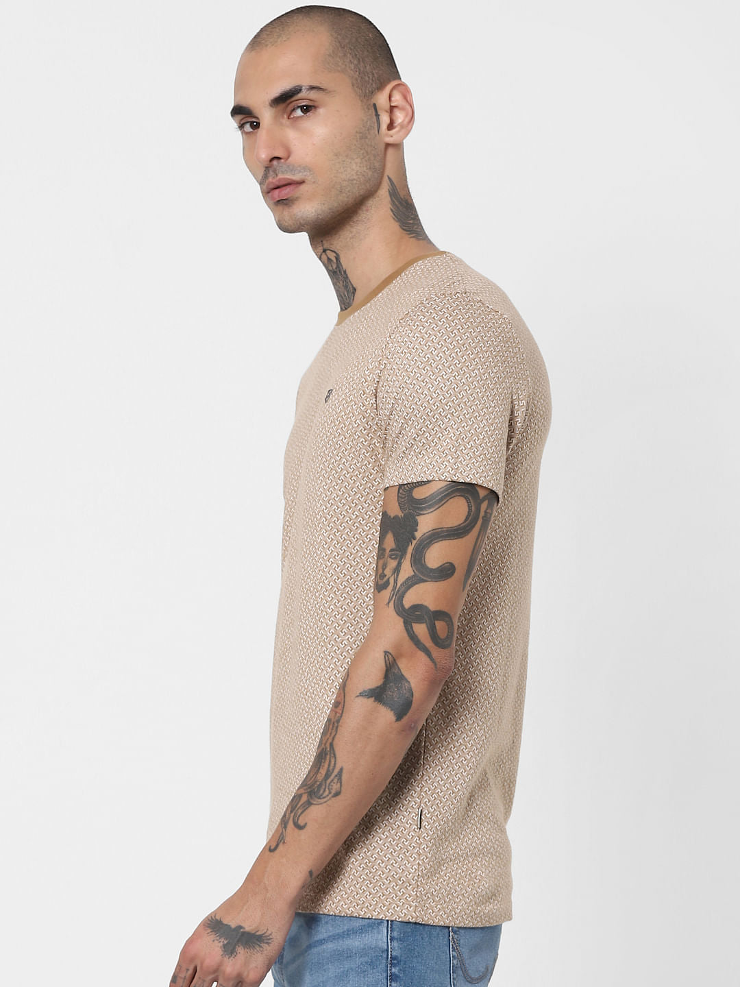 Brown Jacquard Crew Neck T-shirt