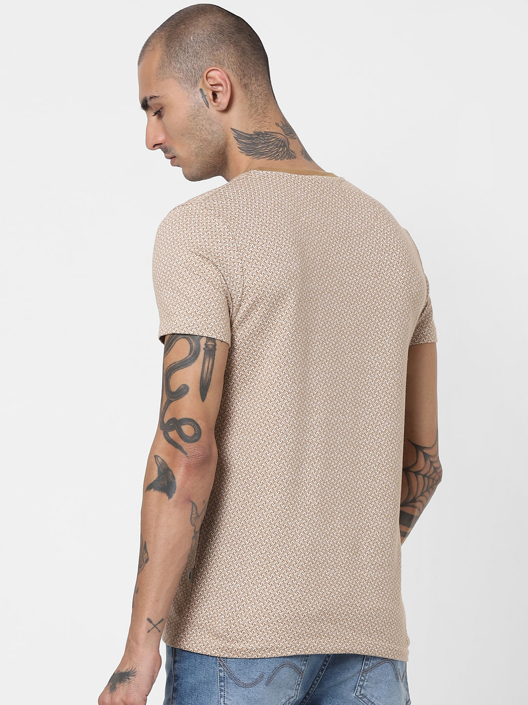 Brown Jacquard Crew Neck T-shirt