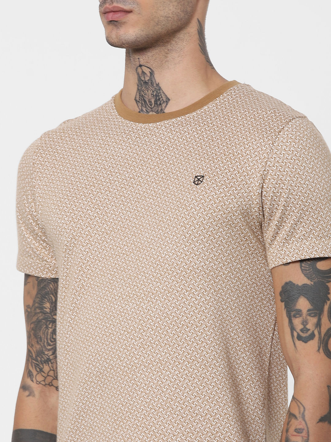 Brown Jacquard Crew Neck T-shirt