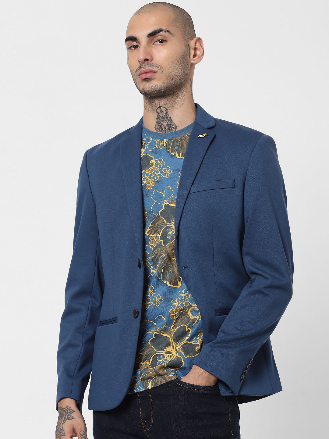 Blue Floral Crew Neck T-shirt - S