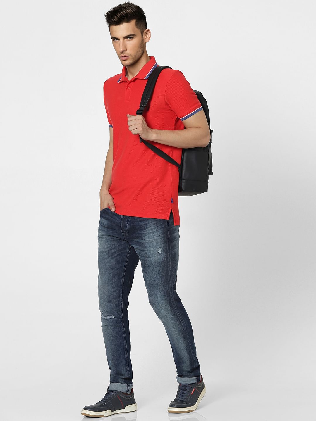 Red Contrast Tipping Polo Neck T-shirt - S