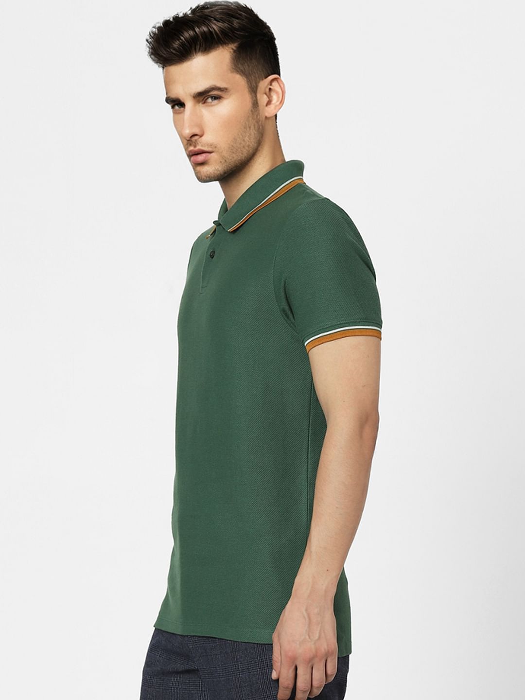 Green Contrast Tipping Polo Neck T-shirt