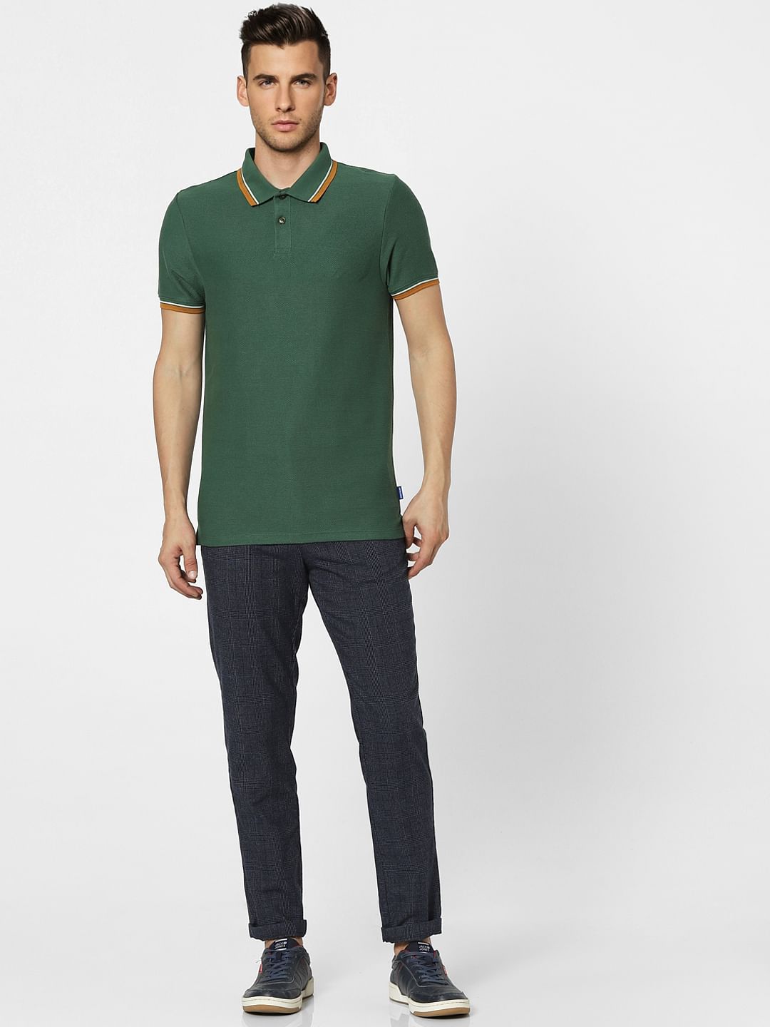 Green Contrast Tipping Polo Neck T-shirt